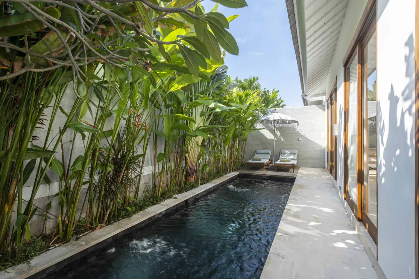 Serene tropical lap pool with black tiles, surrounded by lush bamboo and palms, in a modern Bali villa with wooden lounge chairs and sliding doors. - Bali Villas