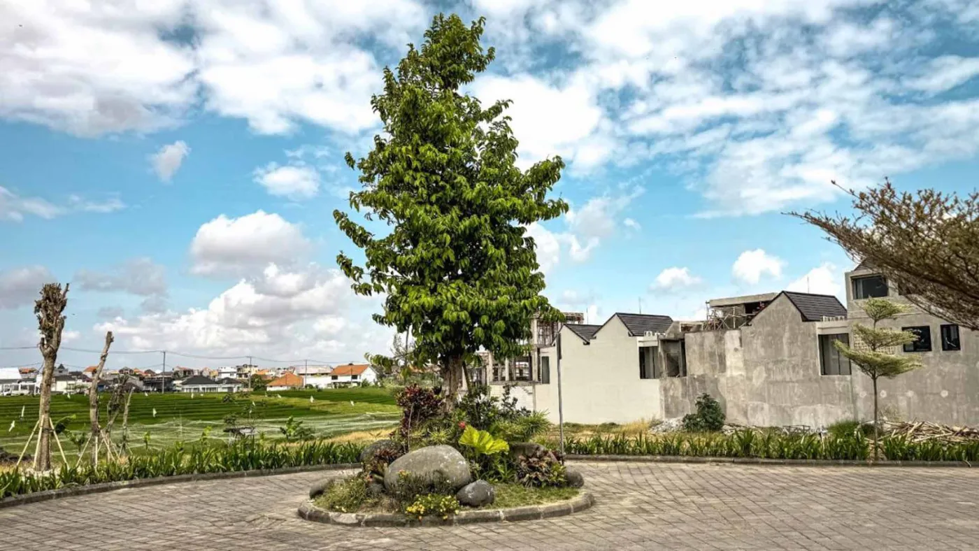 Woven bamboo pendant lights hanging in a modern tropical room with gray curtains, wooden shelves, and infinity pool view. - Bali Villas