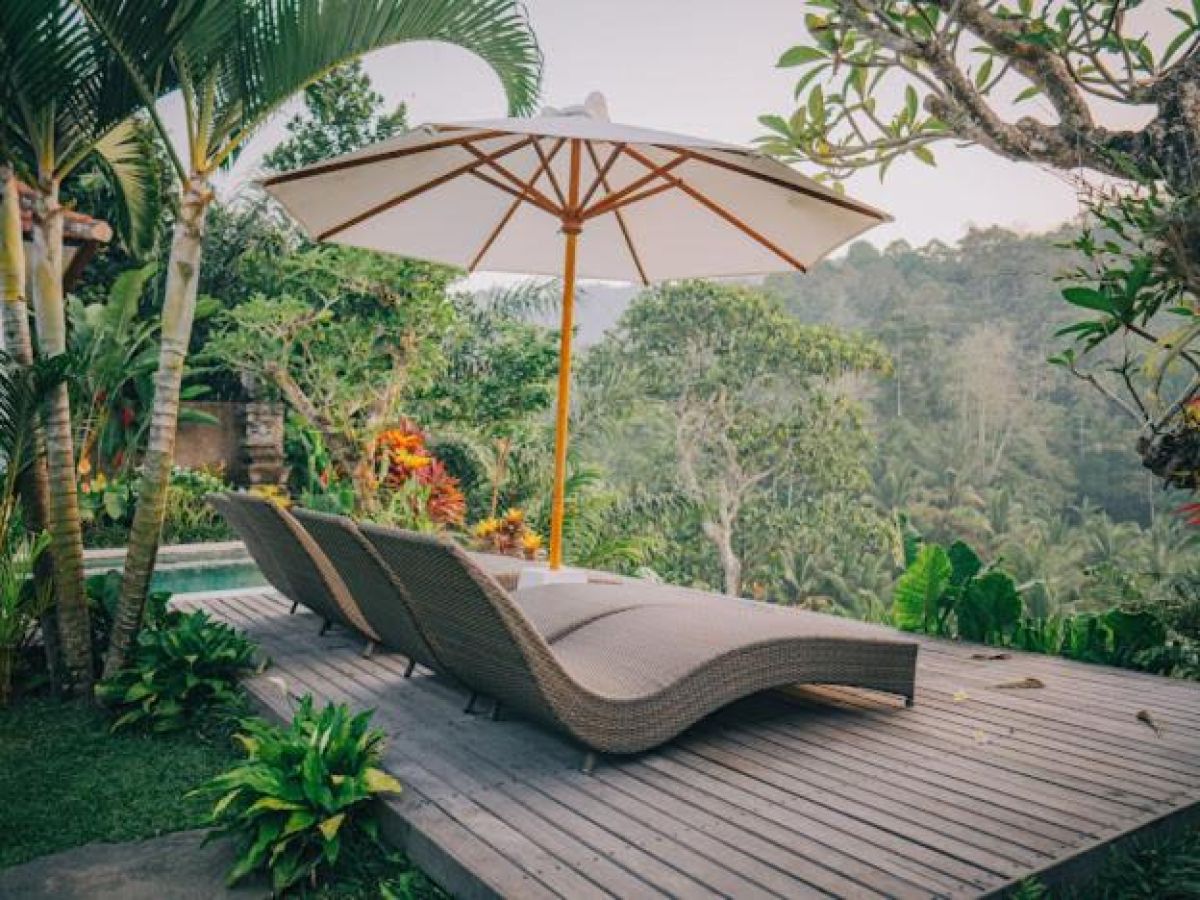 Tropical resort poolside with curved rattan lounge chairs, white umbrella, and lush palm-fringed jungle views. - Bali Villas