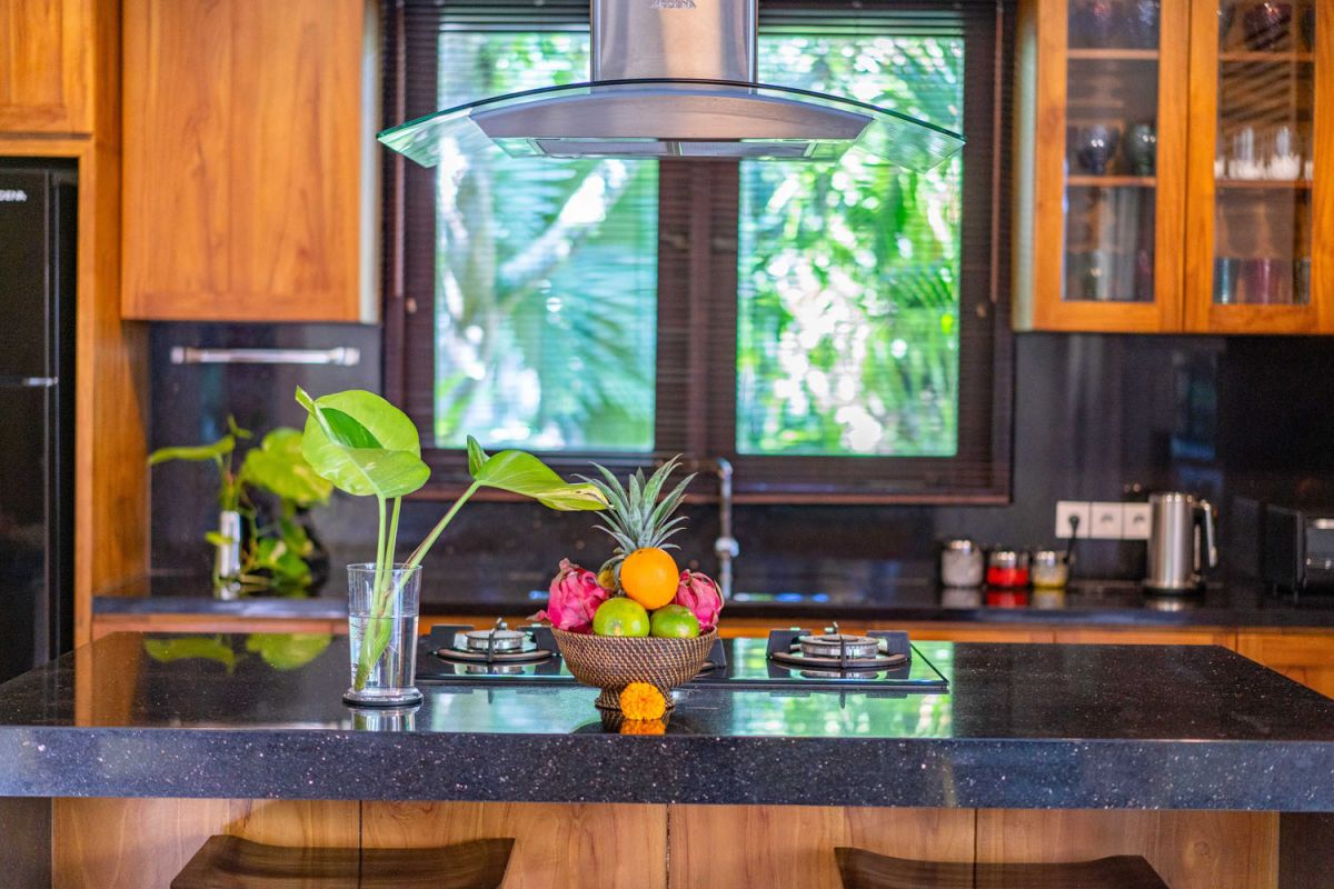 Modern tropical kitchen interior with black granite countertop, wooden cabinets, fresh pineapple and dragon fruit bowl, potted plants, and lush palm view through window. - Bali Villas