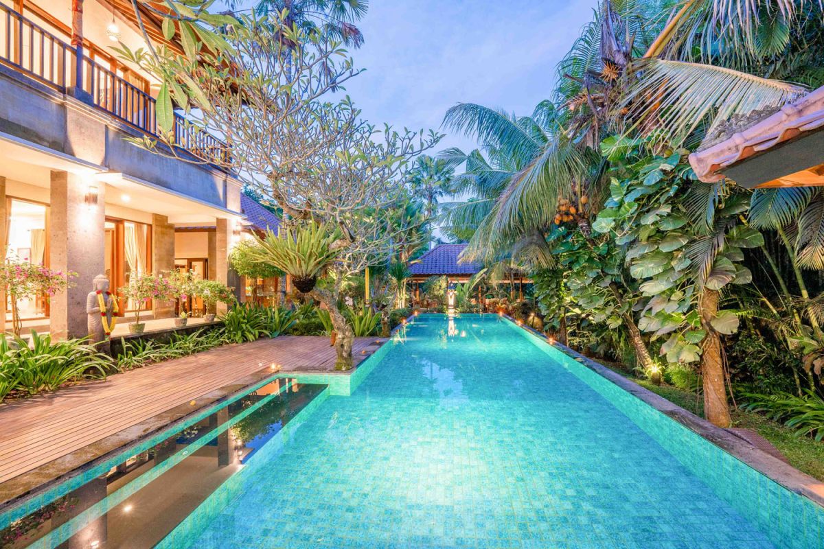 Modern tropical kitchen interior with black granite countertop, wooden cabinets, fresh pineapple and dragon fruit bowl, potted plants, and lush palm view through window. - Bali Villas