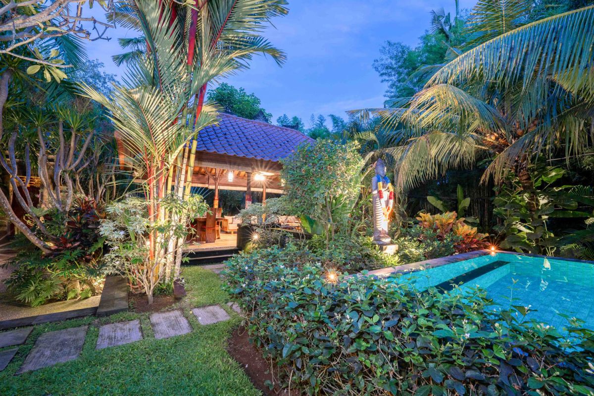 Modern tropical kitchen interior with black granite countertop, wooden cabinets, fresh pineapple and dragon fruit bowl, potted plants, and lush palm view through window. - Bali Villas
