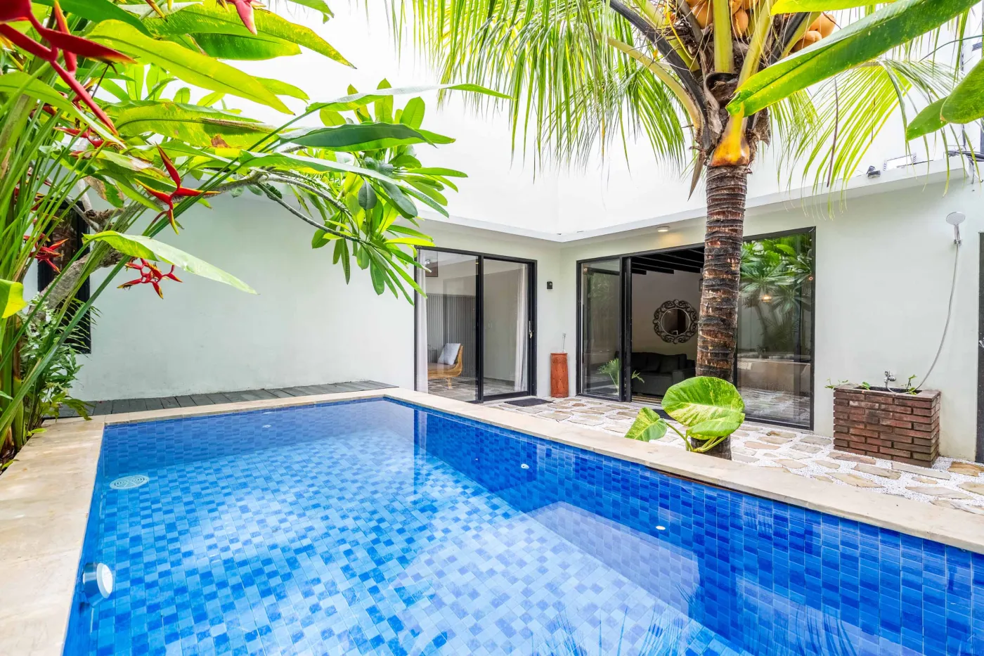 Modern tropical villa with a sparkling blue infinity pool, lush green plants, palm tree, and open glass doors to a white contemporary interior. - Bali Villas