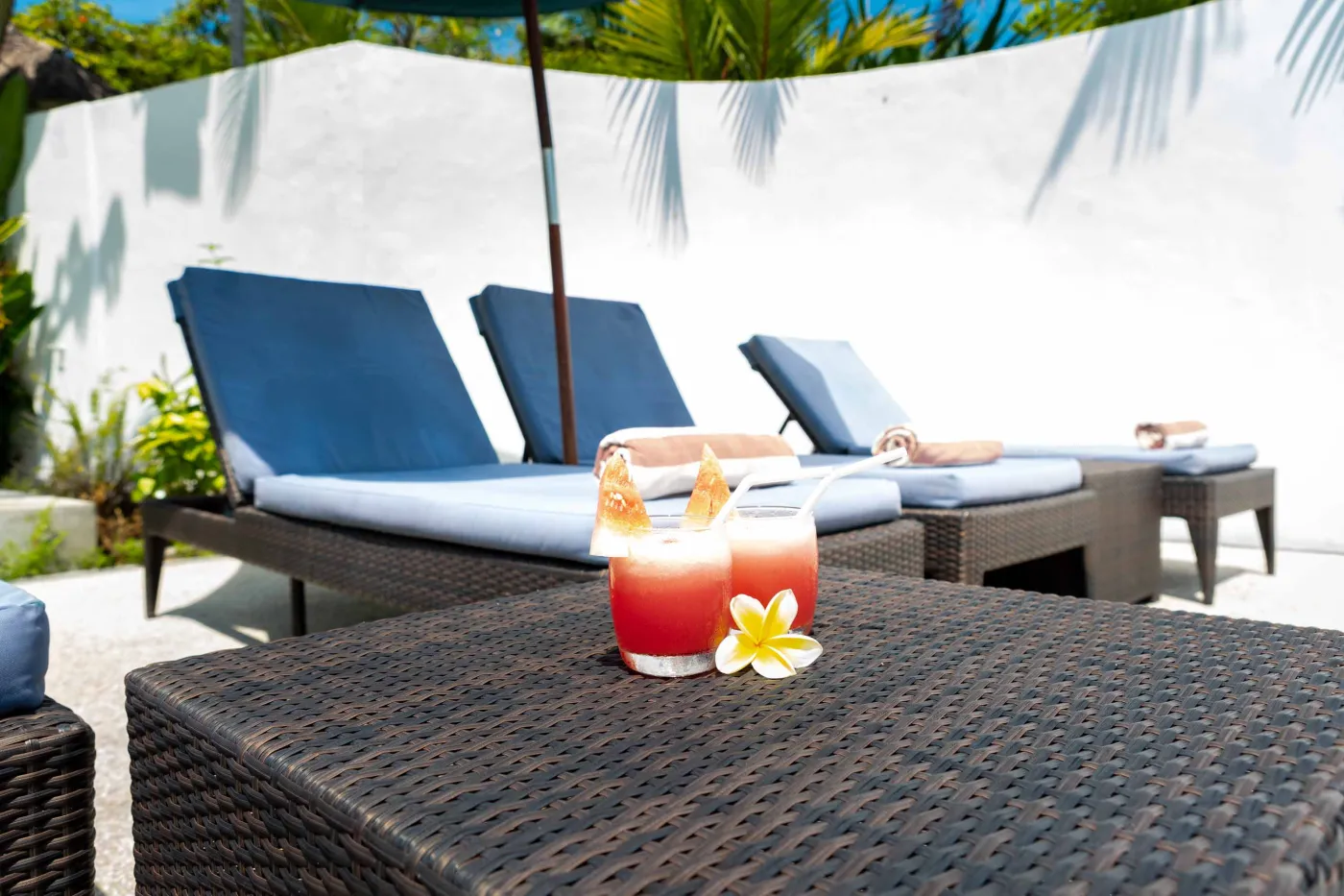 Tropical Bali-style garden with lush palms, stone pathway through green lawn, lounge chairs, blue umbrella, and circular pool beside white wall. - Bali Villas