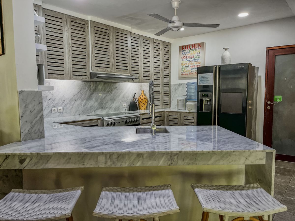 Spacious tropical villa veranda with curved thatched roof, wooden dining table and chairs, lush greenery, hanging drapes, and a serene lily pond. - Bali Villas