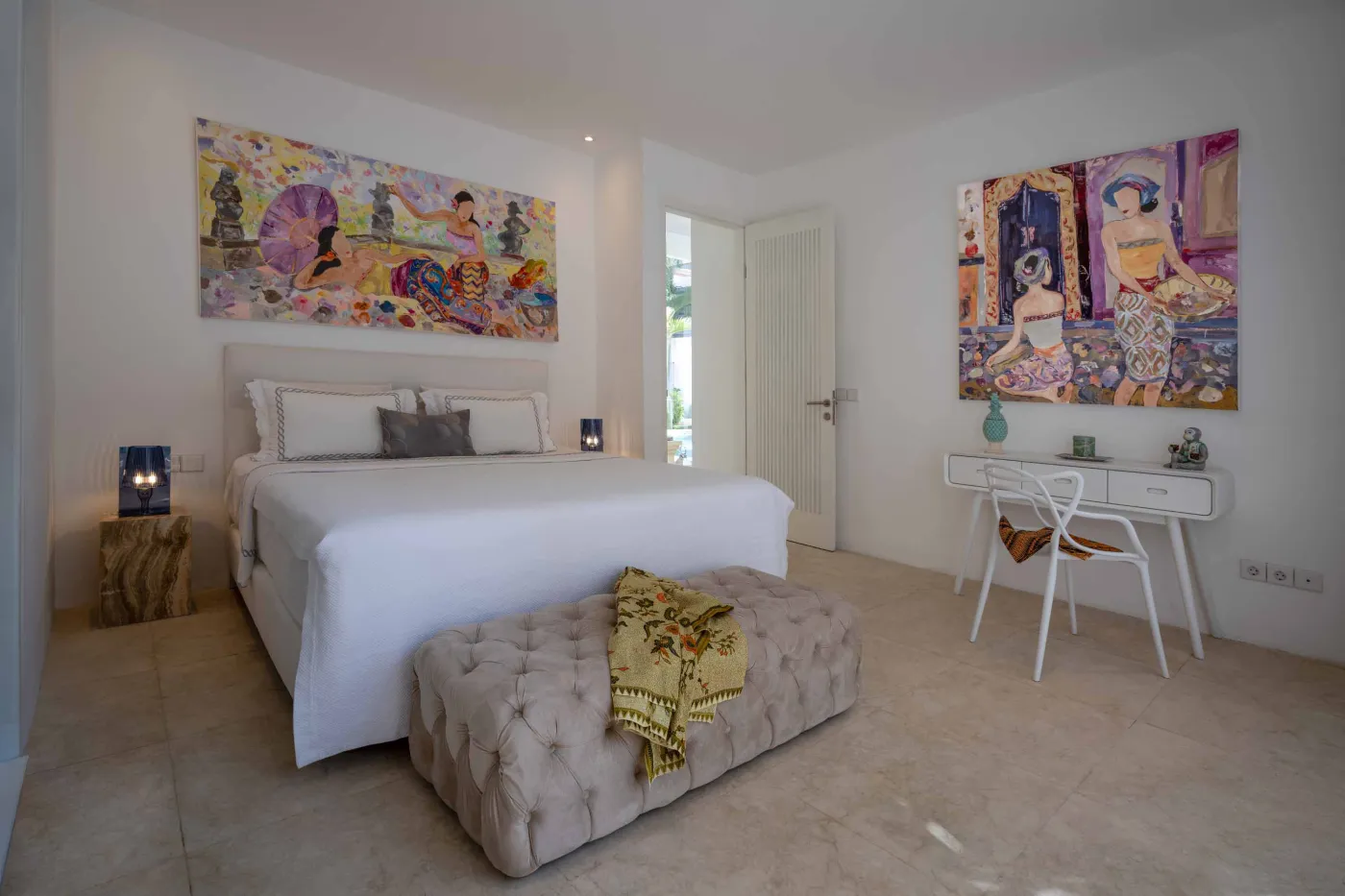 Modern home gym featuring a treadmill, weight bench, pull-up bars, exercise balls, and pink "Lifting" neon sign in a mirrored room. - Bali Villas