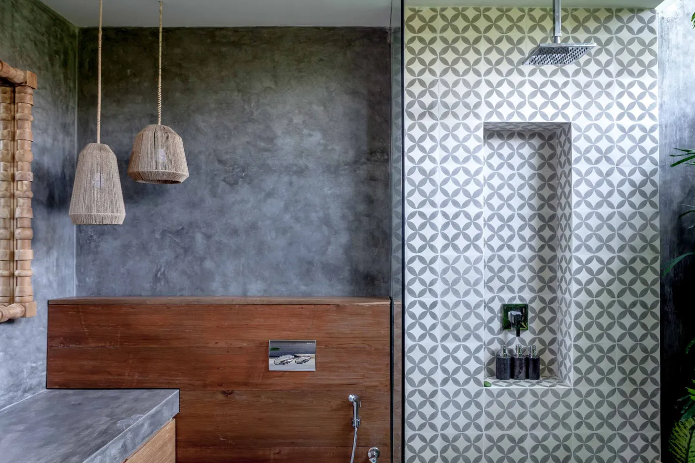 Spacious modern tropical kitchen and dining room with wooden table, rattan chairs, pendant lights, indoor plants, and large windows. - Bali Villas