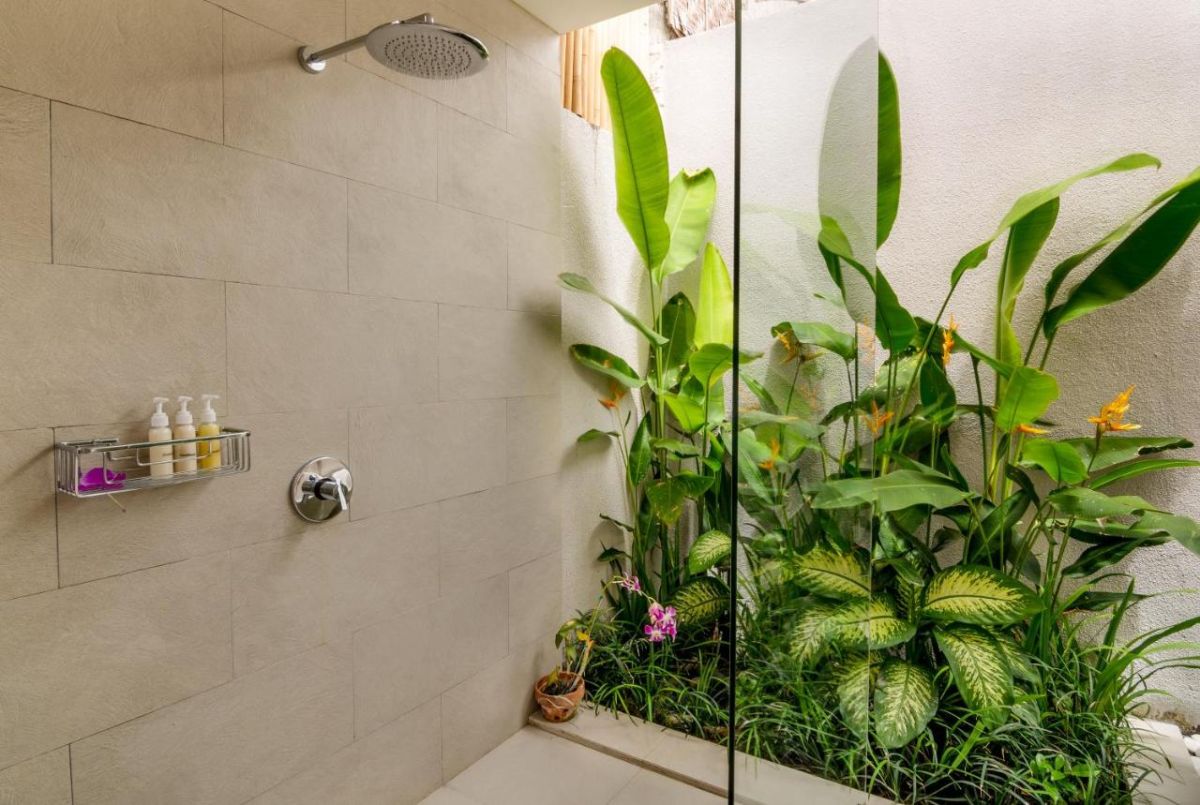 Serene Balinese villa pool with turquoise water, white lounge chairs, frangipani trees, and lush tropical greenery under a blue sky. - Bali Villas