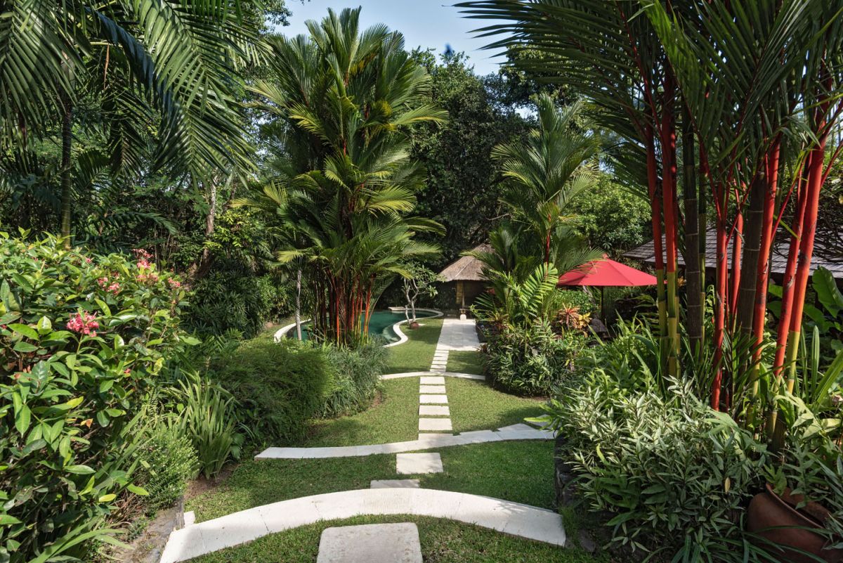 Serene Balinese villa courtyard with koi pond, stone steps, lush tropical plants, and palm trees under a clear sky. - Bali Villas