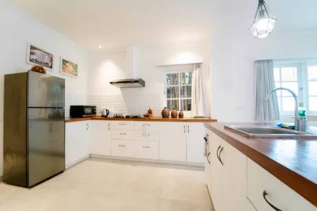 Bright modern kitchen interior with white cabinets, wooden countertop, stainless steel fridge, stovetop, and large window. - Bali Villas