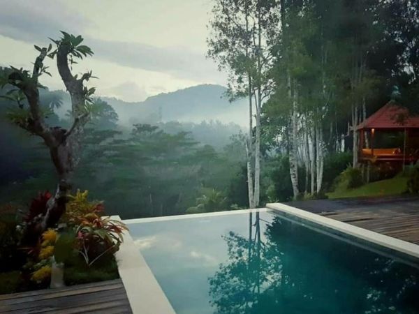 Serene infinity pool overlooking misty tropical jungle, mountains, and a red-roofed gazebo in Bali landscape - Bali Villas