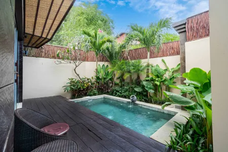 Serene tropical villa plunge pool with turquoise water, lush palm and fern surroundings, and wooden deck lounge chairs. - Bali Villas