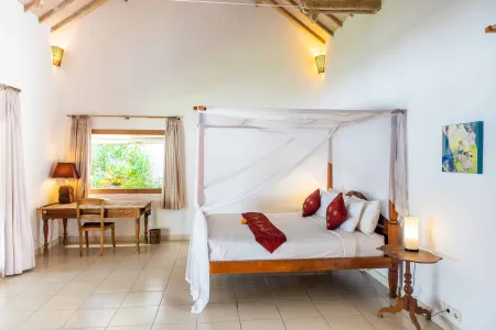 Spacious tropical bedroom with white canopy bed, mosquito netting, wooden furniture, and large windows overlooking lush greenery.