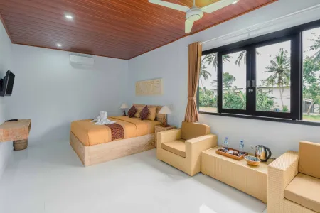 Spacious Balinese hotel bedroom with king bed, rattan armchairs, tropical garden view, and ceiling fan.