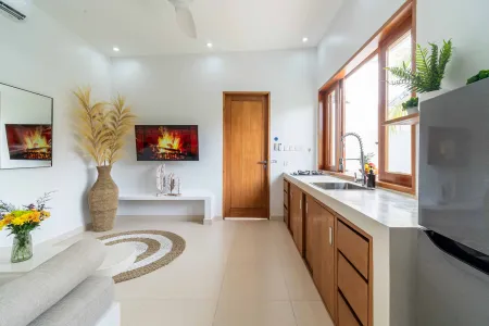 Bright modern Balinese kitchen with white countertops, wooden cabinets, potted plants, large windows, and a wall-mounted TV. - Bali Villas