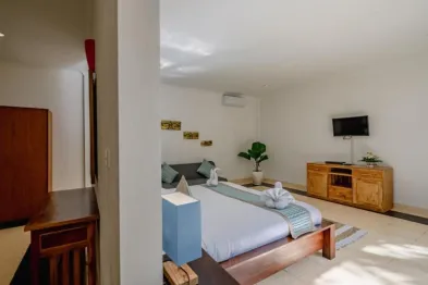 Spacious Balinese bedroom with wooden king platform bed, teal accents, TV dresser, potted plant, and natural light.